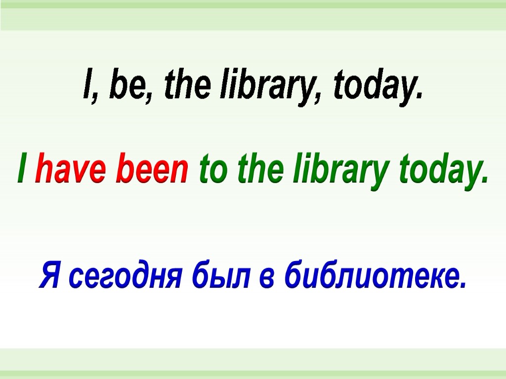 I have been to the library today. I, be, the library, today. Я сегодня